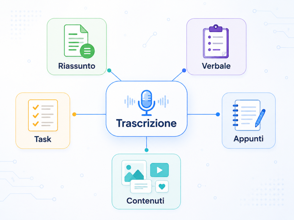 Schema dei possibili output generati da una trascrizione audio usando l’intelligenza artificiale. Schema dei possibili output generati da una trascrizione audio usando l’intelligenza artificiale.