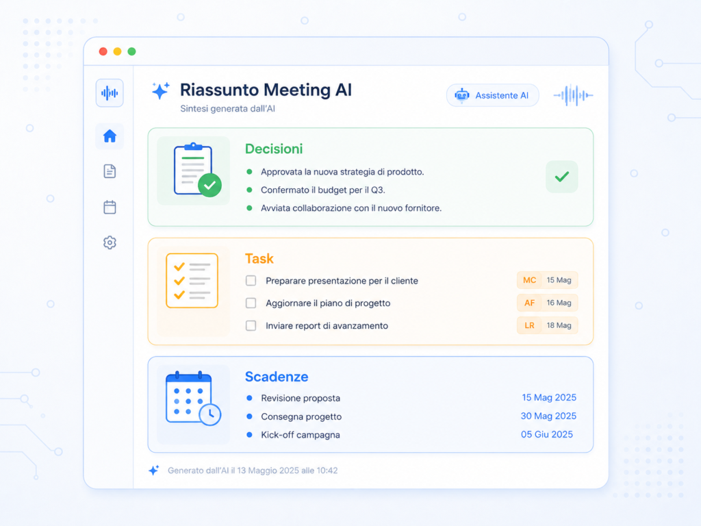 Esempio di riassunto operativo di una riunione creato con l’intelligenza artificiale.